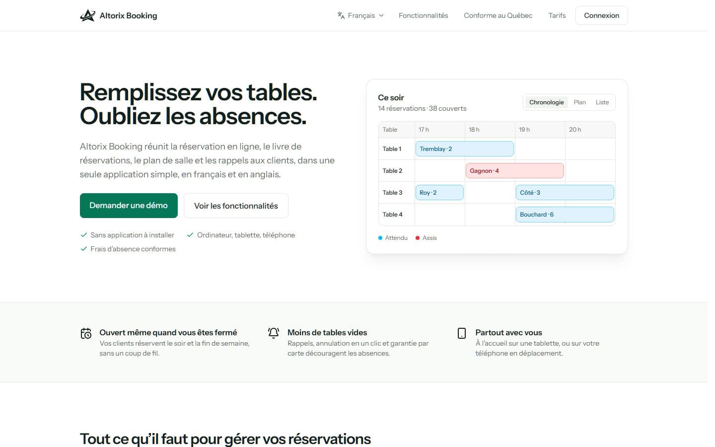 Page d'accueil d'Altorix Booking avec la chronologie des réservations de la soirée